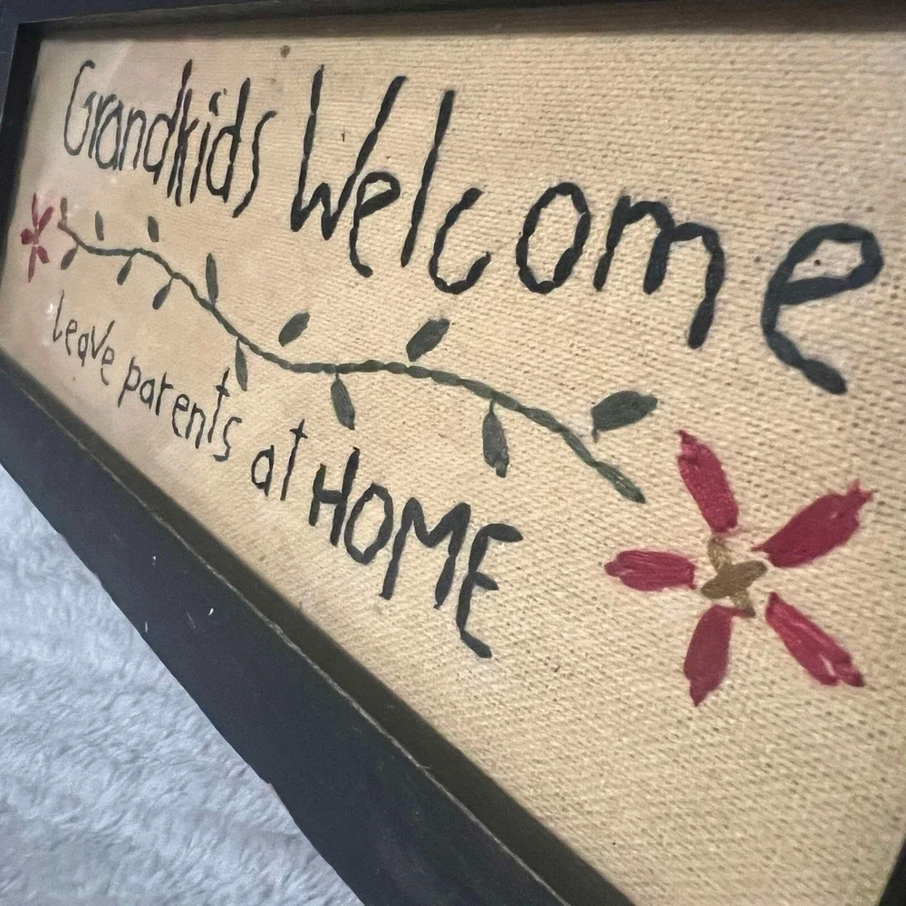 Grandkids Welcome Leave Parents At Home Wall/door Sign Stitched Handmade VINTAGE